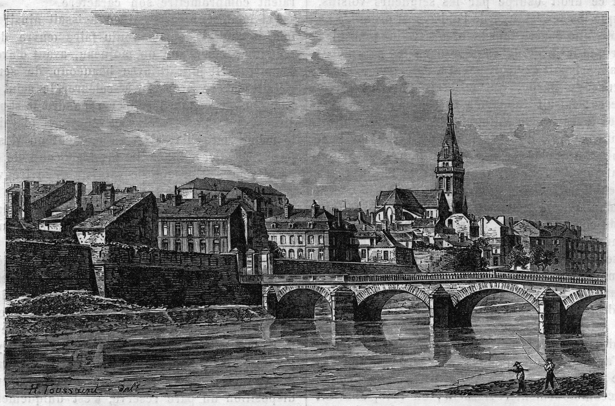 Widok miasta Mezieres pod koniec XIX wieku. Grawerowanie w „” le journal de la Jeunesse „” z 1888 r. autorstwa Unknown artist