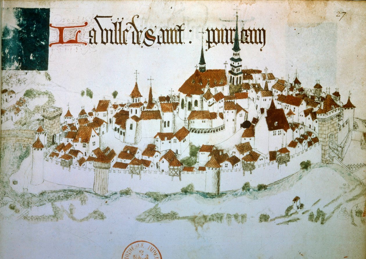Widok miasta Saint Pourcain sur Sioule w Allier w Owernii. Miniatura z XV-wiecznego rękopisu. B.N. Paryż autorstwa Unknown artist