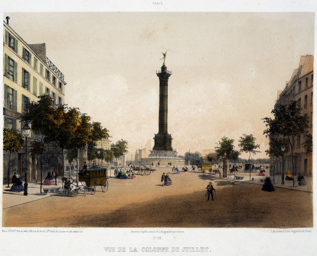 Widok kolumny lipca (Place de la Bastille) od strony Boulevard Beaumarchais - litografia autorstwa Unknown artist