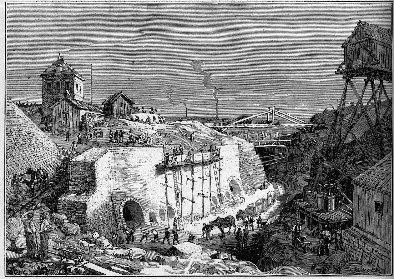 Widok na plac budowy zbiorników wody pitnej Villejuif. Grawerowanie w „”Le Monde Illustré””n°1300 z 25 lutego autorstwa Unknown artist