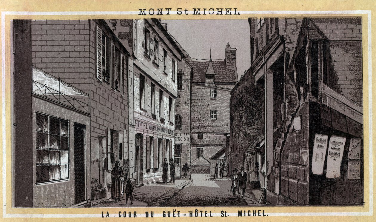 Widok na dziedziniec Guet Hotel (Guet-Hotel) na Mont Saint Michel, Manche, Normandia. Chromolitografia z końca XIX wieku. autorstwa Unknown artist