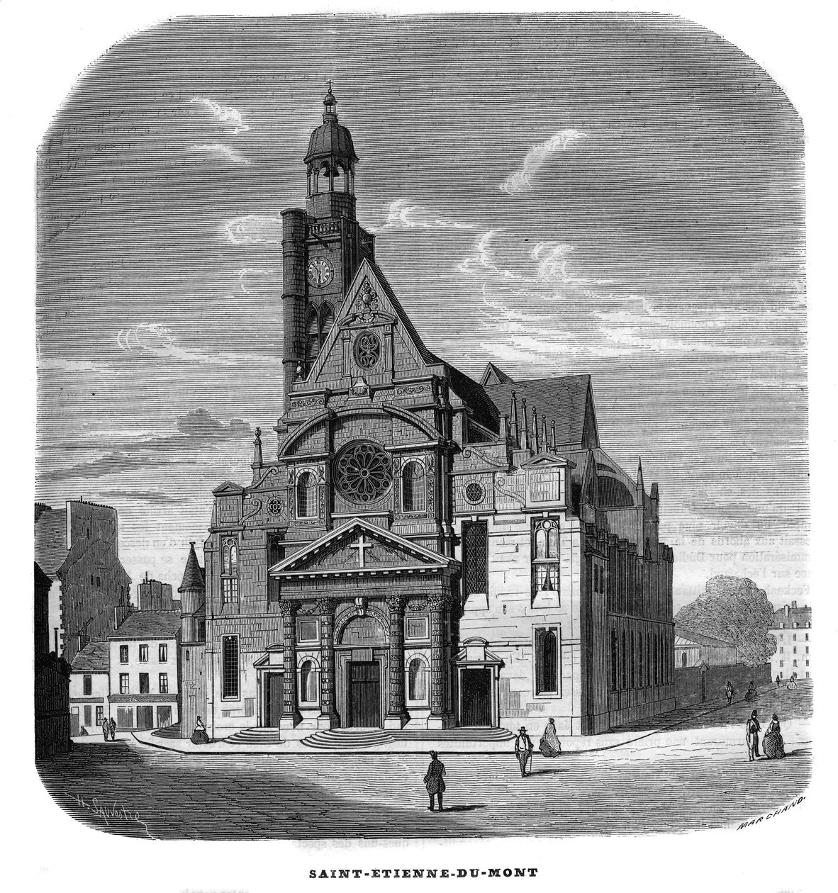 Widok fasady kościoła Saint-Etienne-du-Mont, Place Sainte-Genevieve (Saint Etienne du Mont) w Paryżu w 5. dzielnicy w 1858 r. autorstwa Unknown artist