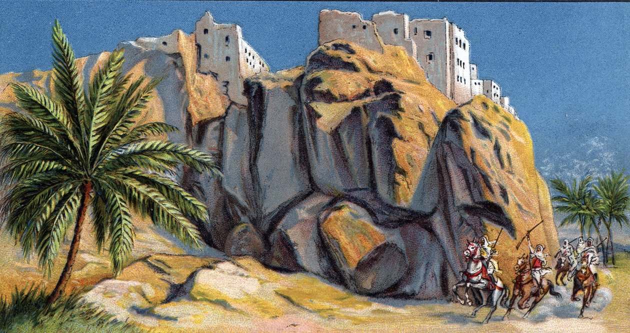 Widok ufortyfikowanego miasta Al-Hadjaren (Alhadjaren), Jemen (View of Al Hadjaren, Yemen) Chromolitografia z 1930 r. Kolekcja prywatna autorstwa Unknown Artist