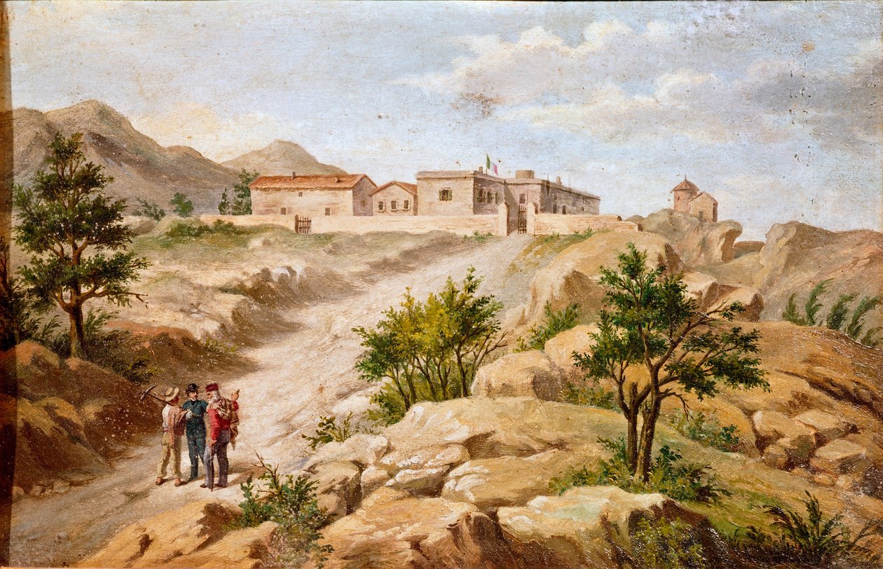 Widok na dom włoskiego patrioty i bohaterów Risorgimento Giuseppe Garibaldi (1807-1882) a Caprera (Sardynia) Garibaldi z dwoma chłopami po lewej stronie obrazu. Anonimowe malarstwo XIX-wiecznego rzymskiego Museo del Risorgimento autorstwa Unknown artist