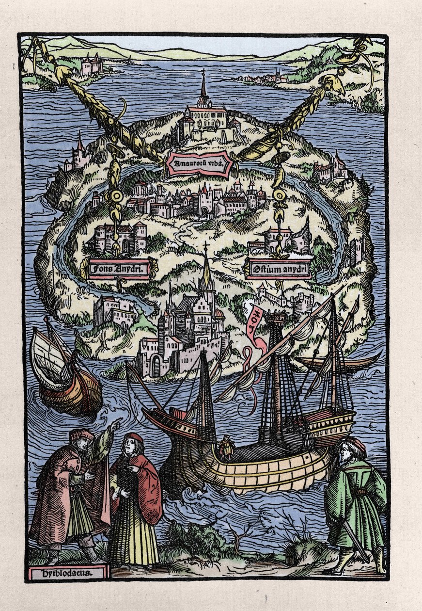 Widok na wyspę Utopia (Utopia) z księgi Thomasa More (1478-1535), „”Optymalny status republiki, która na nowo izoluje Utopię”. Grawerowane przez Johanna Frobena. 1518. autorstwa Unknown artist