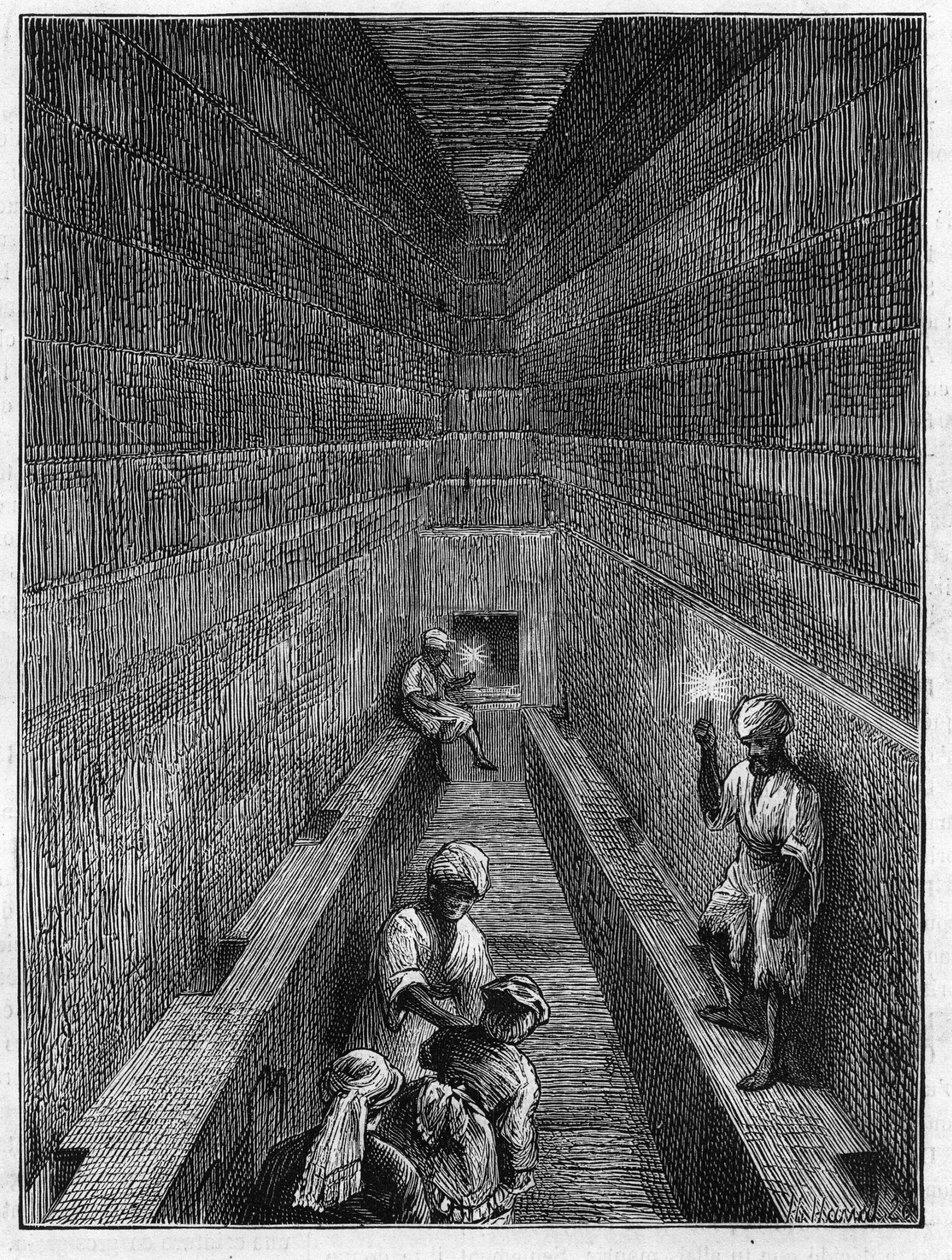 Widok dużej galerii piramidy Cheopsa (Cheops, Keops, Khoufu, Khufu) w Guizeh (Guiseh, Giza, Giza), Egipt autorstwa Unknown artist