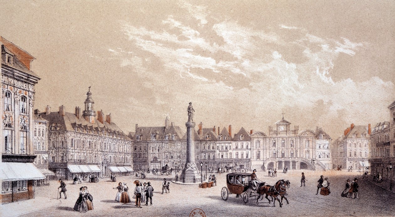Widok na duży plac miasta Lille. Rycina XIX-wiecznego Paryża, B.N. autorstwa Unknown artist