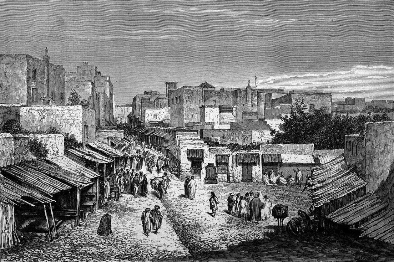 Widok na główną drogę ufortyfikowanego miasta Tanger i wybrzeże, Maroko. Rycina XIX wieku. autorstwa Unknown artist