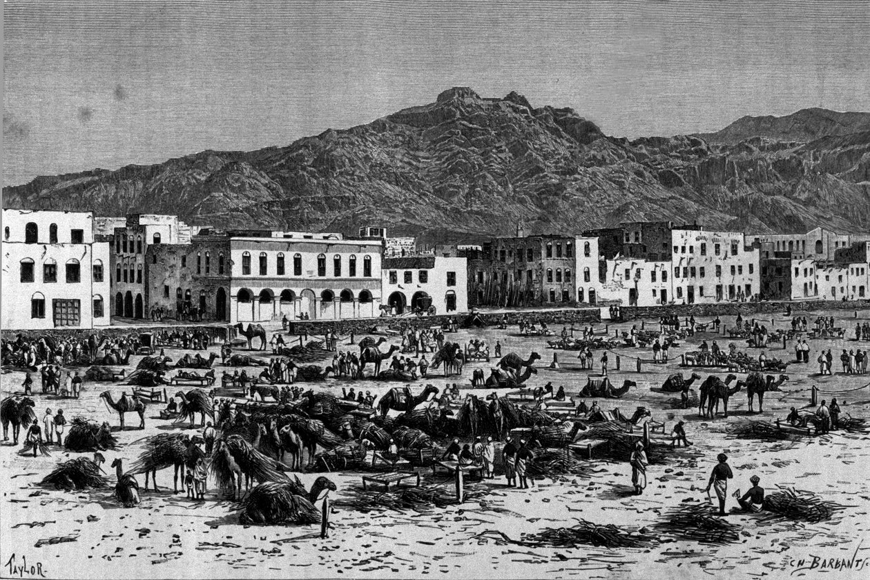 Widok na marsz Aden w Abisynii. Grawerowanie około 1880 autorstwa Unknown artist
