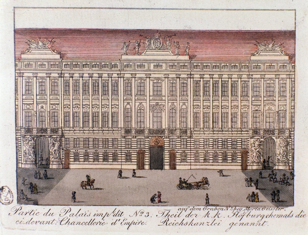Widok części Pałacu Cesarskiego zwanej Kancelarią Cesarską w Wiedniu. Austria. Grawer z 1815 r. Kolekcja prywatna autorstwa Unknown artist