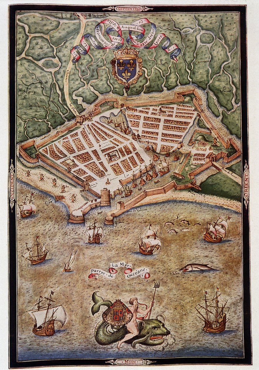 Widok na port Le Havre w 1583 r. - z iluminowanego rękopisu Jacquesa Delvaux, pilota marynarki wojennej, dedykowanego admirałowi de Joyeuse autorstwa Unknown artist