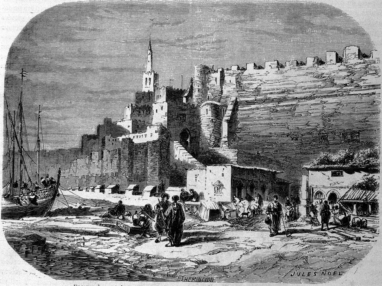 Widok na port warownego miasta Tanger i wybrzeże, Maroko. Grawerowanie z 1860 roku. autorstwa Unknown artist