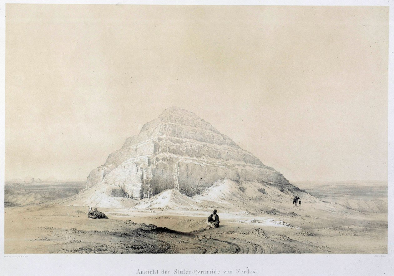 Widok piramidy Sakkara (Sakkara). Egipt. Ilustracja przedstawiająca XIX-wieczny Paryż, kolegium francuskie autorstwa Unknown artist