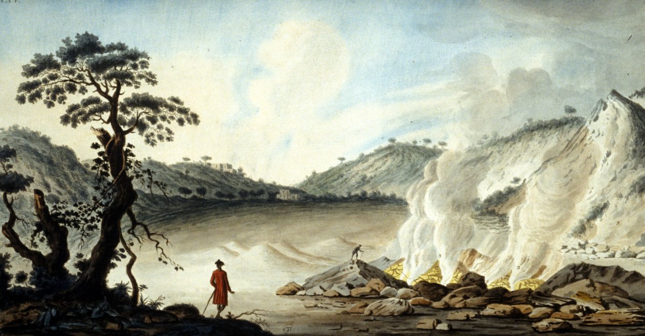 Widok na solfatare, teren wulkaniczny wydobywający się z gorących oparów i gazów siarkowych. Pozzuoli w pobliżu Neapolu. 19 wiek. autorstwa Unknown artist