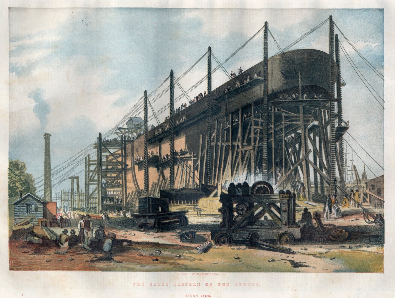 Widok na rufę transatlantyckiego liniowca „Great Eastern” (Lewiatan) budowanego w stoczni Thames w Londynie. Grawerowanie w „Ilustrowanych londyńskich wiadomościach” z 7 listopada 1857 r. autorstwa Unknown artist