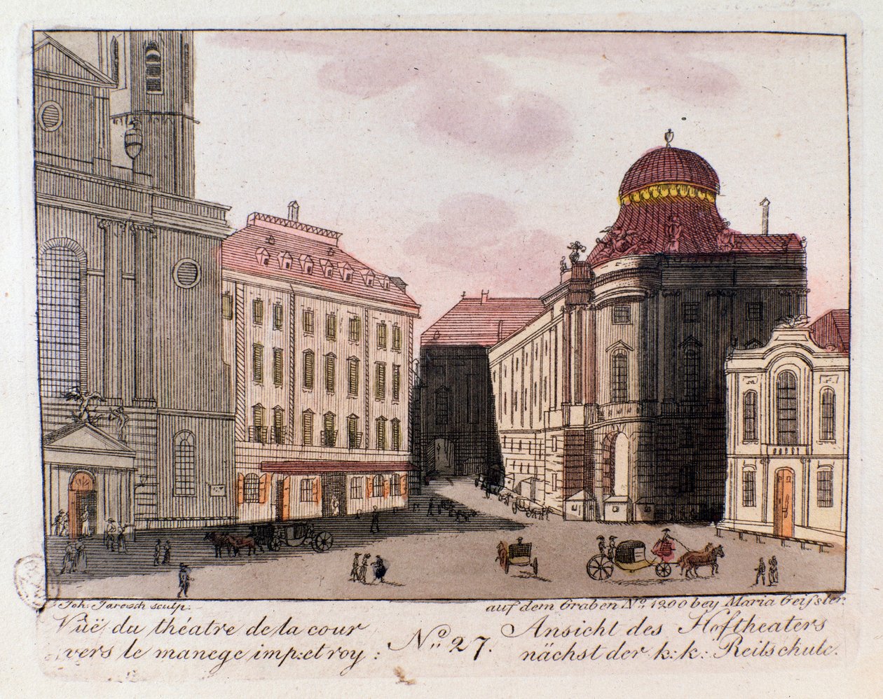 Widok na teatr i dziedziniec w kierunku cesarskiej ujeżdżalni w Wiedniu, Austria. Grawer z 1815 r. Kolekcja prywatna autorstwa Unknown artist