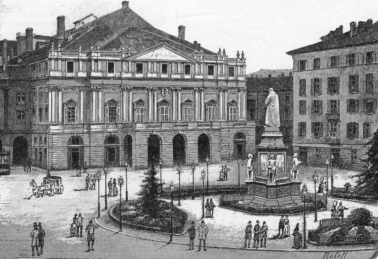 Widok na teatr La Scala w Mediolanie, Włochy. (Teatro alla Scala Milano) Grawerowanie w „”Świat sławny”” autorstwa Unknown artist