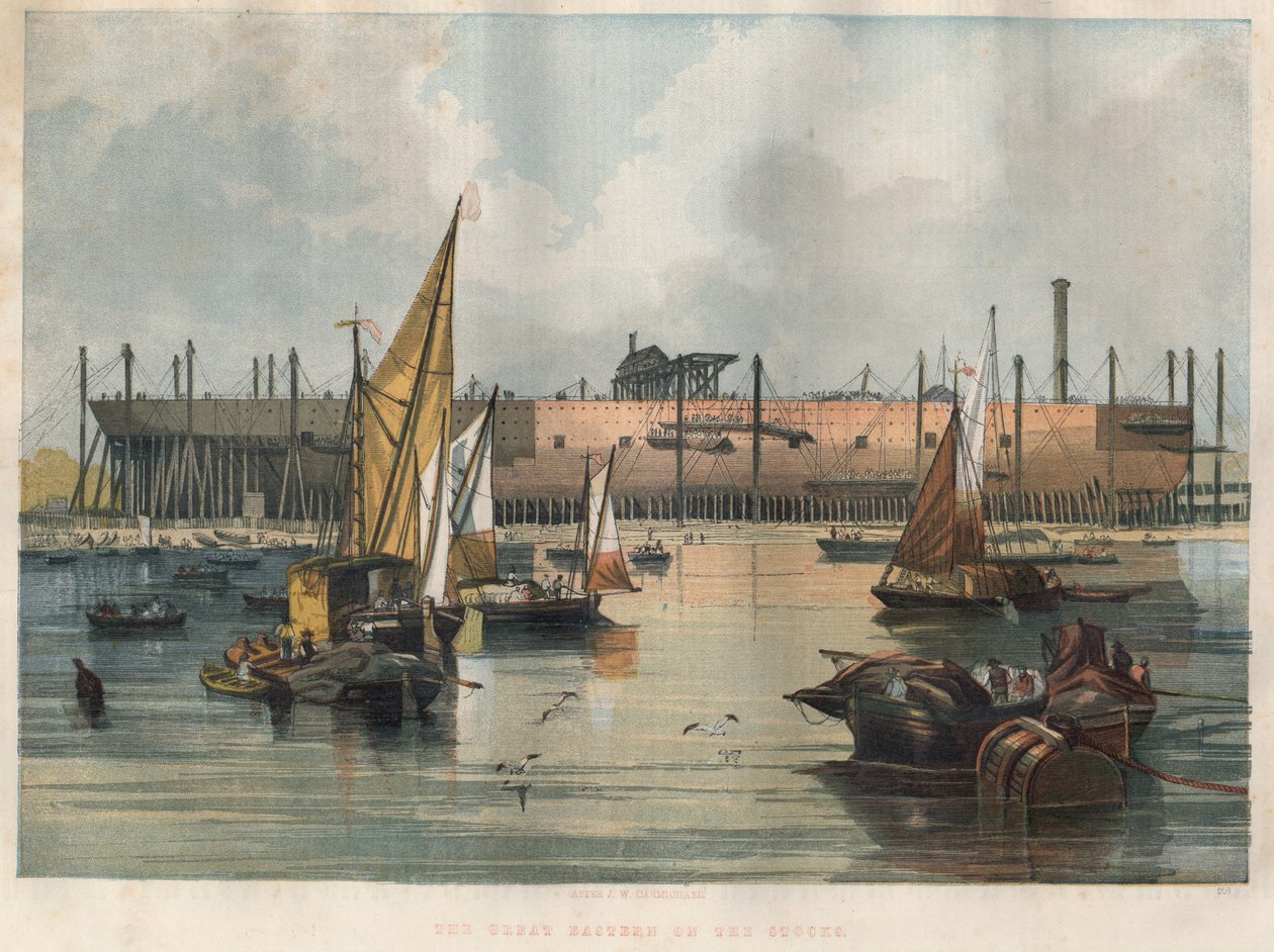 Widok transatlantyku „Great Eastern” (Lewiatan) w budowie w Stoczni Tamizy w Londynie. Grawerowanie w „Ilustrowanych londyńskich wiadomościach” z 7 listopada 1857 r. autorstwa Unknown artist