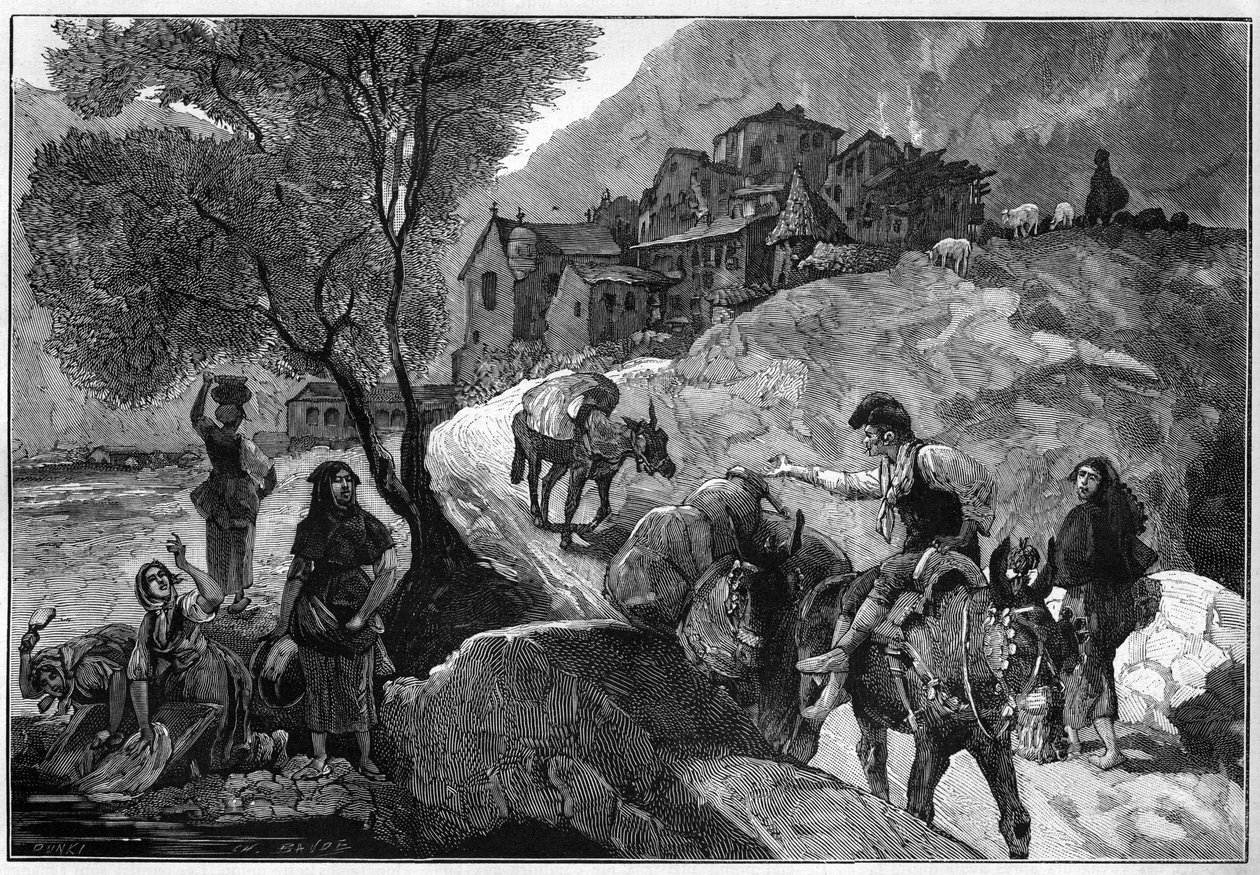 Widok na wieś Andorra la Vella (Andorra La Vella) Republiki Andory i jej mieszkańców Andorrans. Grawerowanie w „”Le Monde Illustré”” autorstwa Unknown artist