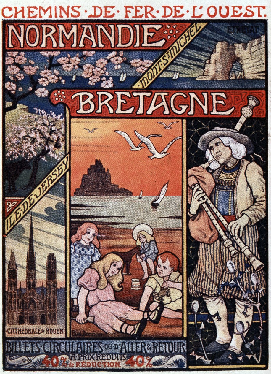 Widoki Normandii (Rouen i Etretat) i Bretanii (Mont Saint Michel), dzieci na plaży i dudziarz - plakat reklamowy Railways de l