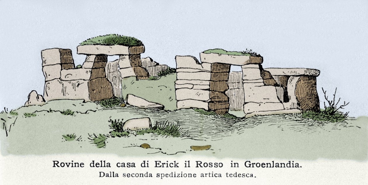 Viking: widok ruin domu Norwega Erica le Rouge (Erik Le Rouge) (940 lub 950-1003 lub 1010) na Grenlandii. Ilustracja z XIX wieku autorstwa Unknown artist