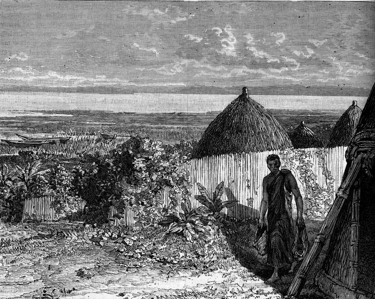 Wioska nad brzegiem jeziora Albert Nyanza (lub jeziora Albert), Afryka. Grawerowanie w „” Le Journal de la jeunesse”” autorstwa Unknown artist