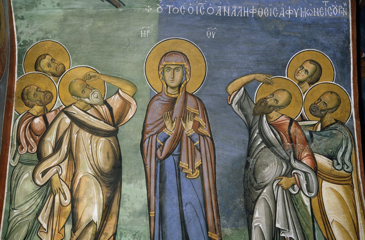 Dziewica Maryja wśród wybranych, fresk (1192), Panayia Tou Araka Church (Kościół Matki Bożej Grochowej) (Lista Światowego Dziedzictwa UNESCO, 2001), Lagoudhera, góry Troodos, Cypr autorstwa Unknown artist
