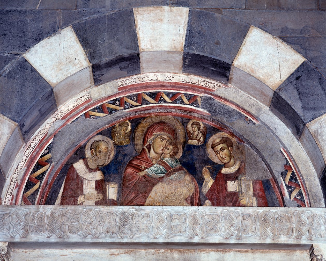 Dziewica między św Mikołajem a św Wawrzyńca (fresk) autorstwa Unknown artist