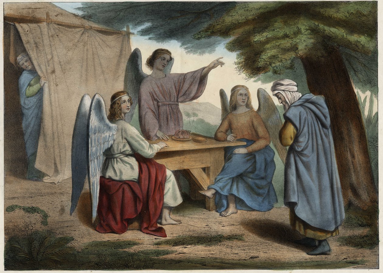 Wizyta Trzech Aniołów u Abrahama: Abraham dowiaduje się, że jego żona Sara (głęboka), już bardzo stara, wkrótce urodzi mu syna. Anonimowy rycina z połowy XIX wieku. autorstwa Unknown artist