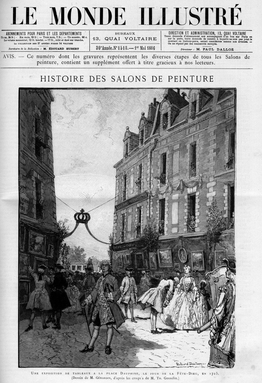 Wizyta wystawy malarstwa na Place Dauphine na Ile de la Cite w Paryżu, w dniu fete dieu (fete dieu) w 1725 r. Grawerowanie w „Le Monde illustrious”” autorstwa Unknown artist