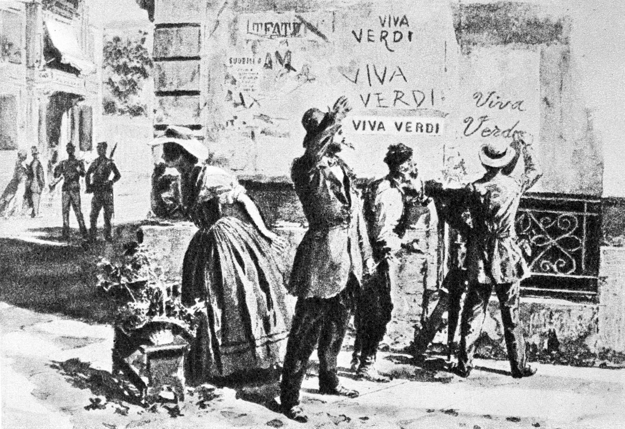 Viva Verdi: Entuzjastyczne inskrypcje dla Giuseppe Verdiego w Neapolu (królestwo obu Sycylii) pod okupacją austriacką w 1859 r., po zakazie wystawiania jego opery „Un Ballo in maschera” (V.E.R.D.I. (VERDI) = Vittorio Emanuele Re d