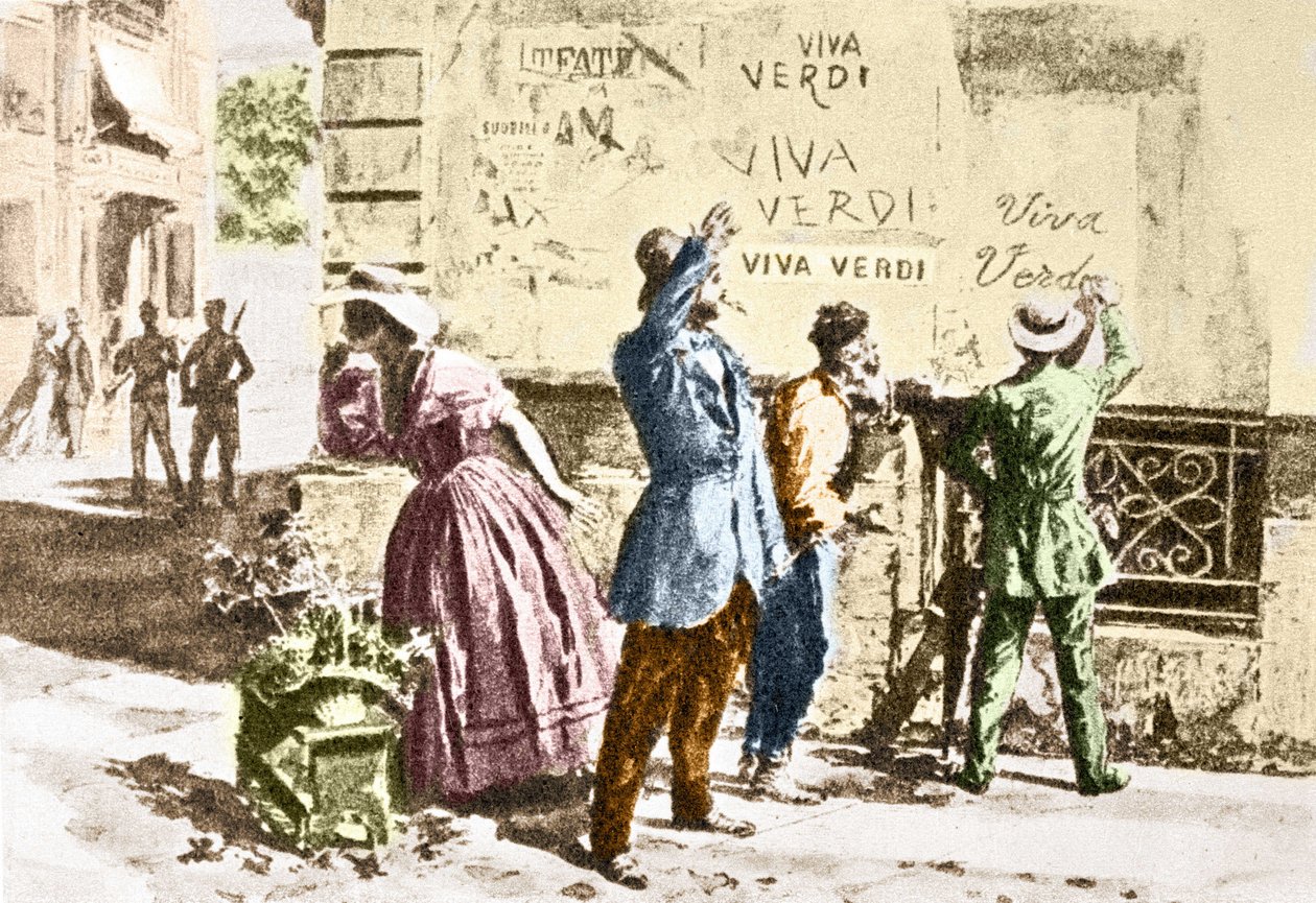 Viva Verdi: Entuzjastyczne inskrypcje dla Giuseppe Verdiego w Neapolu (królestwo obu Sycylii) pod okupacją austriacką w 1859 r., po zakazie wystawiania jego opery „Un Ballo in maschera” (V.E.R.D.I. (VERDI) = Vittorio Emanuele Re d