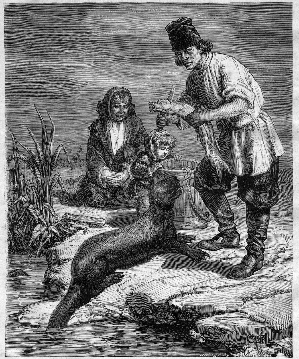Podróż Alphonse Louis Pinart w Ameryce Północnej i na Alasce - łowiectwo i wędkarstwo na Alasce - grawer w „Journal des Voyages” z 1884 roku autorstwa Unknown artist
