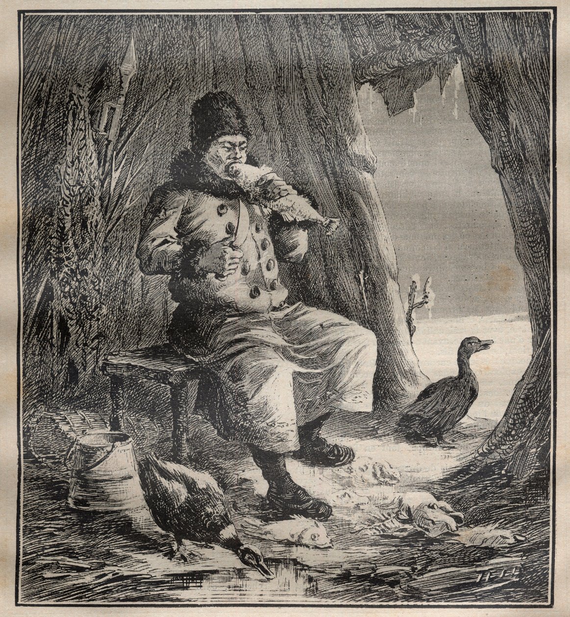 Podróże Charlesa Rabota (1856-1944): Ostiak (Chanty lub Khante) z Syberii jedzący ryby - Grawerowanie w „”La Science francaise”” autorstwa Unknown artist