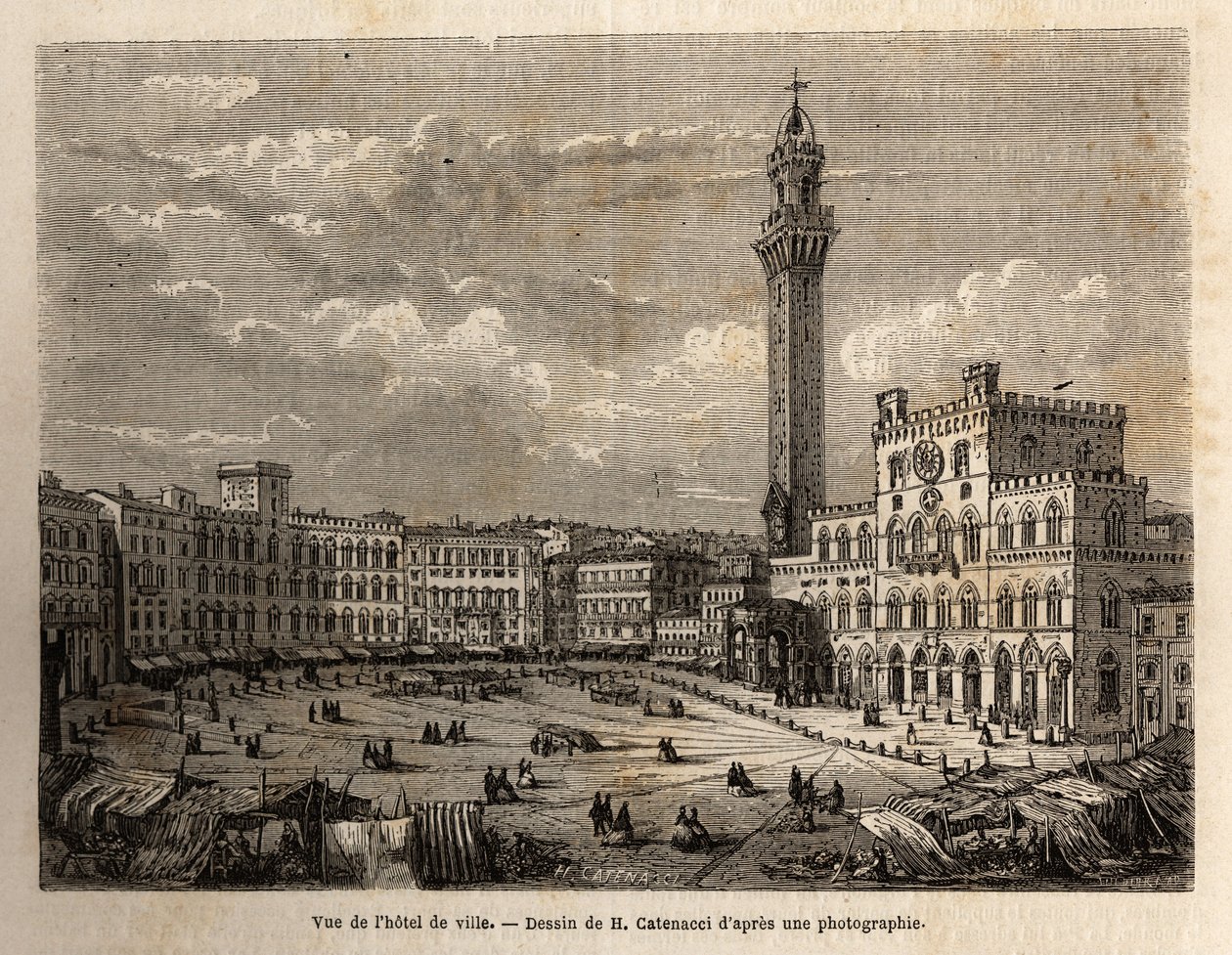 Widok na plac ratuszowy w Sienie, rycina ilustrująca podróż do Sieny (Włochy) w 1865 r. w „Le tour du monde, nouveau journal des voyages” wydanej pod kierunkiem Edouarda Chartona autorstwa Unknown artist