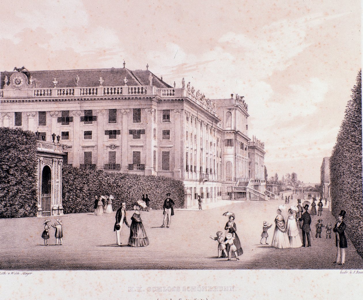 Piechurzy w parku pałacu Schonbrunn (Schoenbrunn) w Wiedniu. Austria. Druki z początku XIX wieku Kolekcja prywatna autorstwa Unknown artist