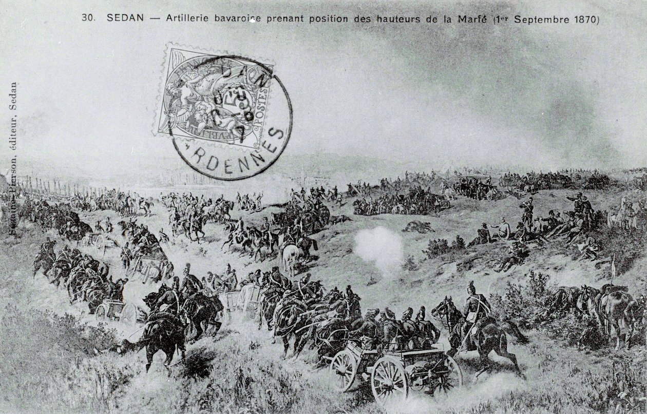 Wojna 1870: Bawarska artyleria zajmuje pozycję ze wzgórz Marfe w Ardenach w dniu 1.09.1870. Grawerowanie od 1870 autorstwa Unknown artist