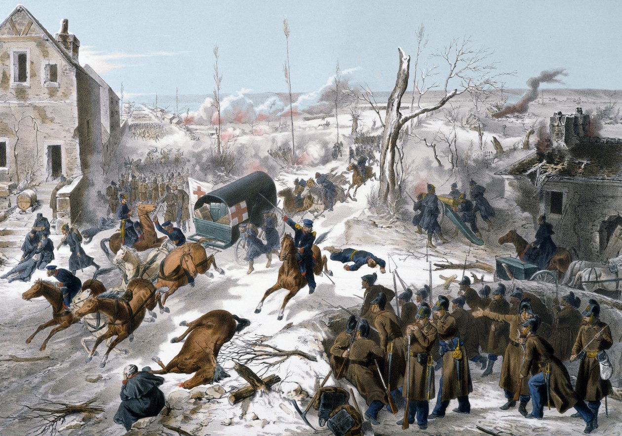 Wojna 1870 r. między Francją a Prusami: Czerwony Krzyż podczas bitwy pod Bapaume w Pas de Calais w dniach 2 i 3 stycznia 1871 r., w której zwyciężyła armia Północy pod dowództwem generała Faidherbe nad Prusami autorstwa Unknown artist