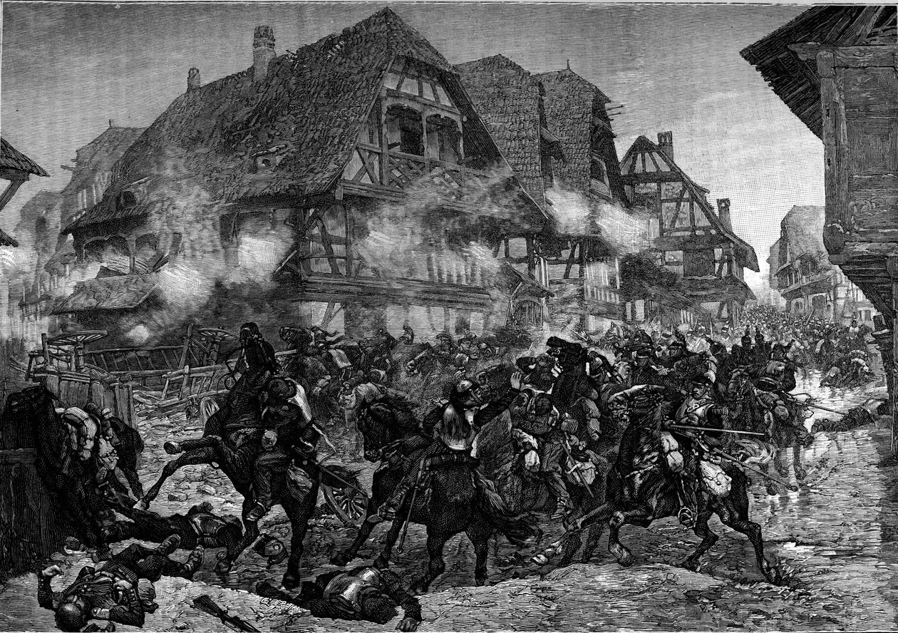 Wojna 1870: szarża 8. i 9. pancerników ulicami Morsbronn (Alzacja). Grawerowanie w „” Le Journal de la jeunesse”” autorstwa Unknown artist