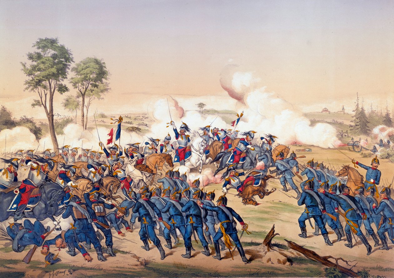 Wojna 1870: szarża pancerników w bitwie pod Froeschwiller Woerth (Froeschwiller-Woerth) w dniu 06.08.1870, w której odniesiono zwycięstwo Niemiec - Litografia z 1870 r. Paryż, NL autorstwa Unknown artist
