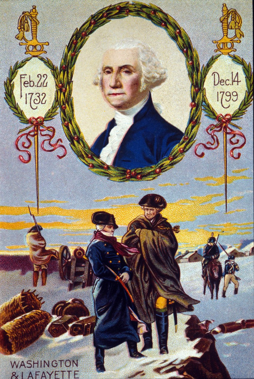 Wojna o niepodległość Stanów Zjednoczonych: markiz de Lafayette (1757-1834) spotkał Jerzego Waszyngtona (1732-1799) z Valley Forge, aby mu pomóc w 1777 r. chromolitografia XIX wieku autorstwa Unknown artist