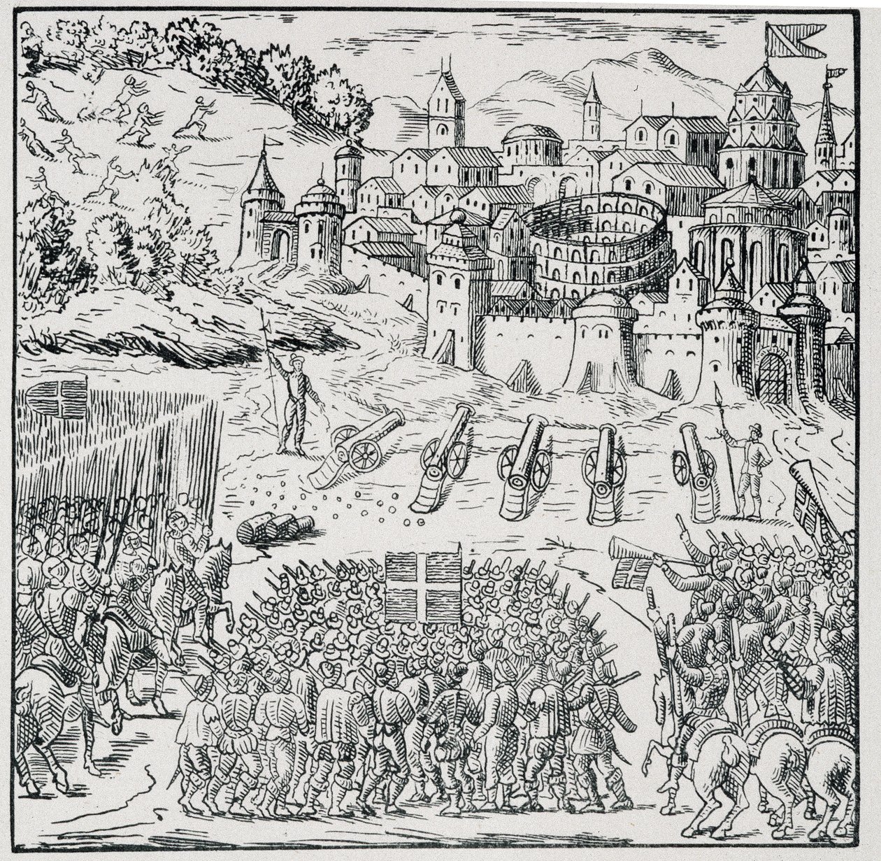 Wojna Religii: Miasto Nîmes oblężone przez Armię Króla (Henryk III) w 1576 r. - w „”Zbiór 39 figurek przedstawiających klęski Francji od 1562 do 1586 r.””, imprim Louis Perrin. autorstwa Unknown artist