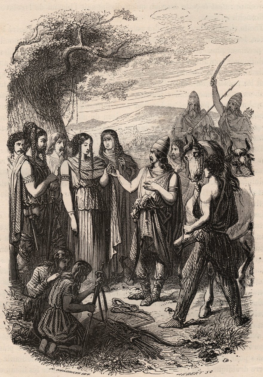 Ceremonia ślubna u Niemców. Rycina z 1868 r. w „Histoire de Belgique od czasów pierwotnych do końca panowania Leopolda I”” autorstwa Theodore’a Juste (1818-1888). Prywatna kolekcja. autorstwa Unknown artist