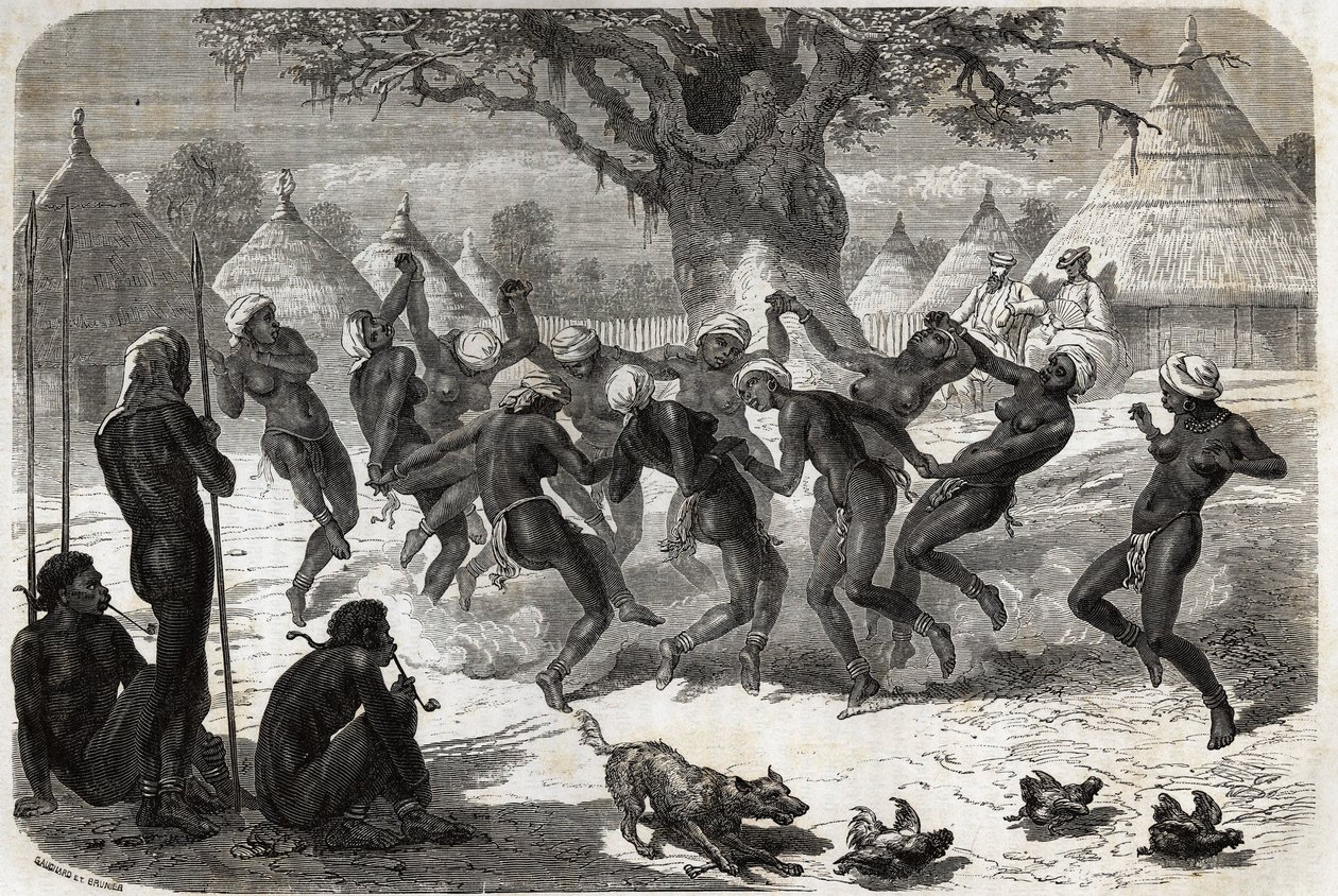Taniec powitalny wykonywany przez kobiety z plemienia, po powrocie Bakera i jego żony z Lake Albert (Albert Nyanza). Engravure pour illustration le voyage au lac Albert, en 1861-1864, de Sir Samuel White Baker, w „Le tour du monde, nouveau journal des voya autorstwa Unknown artist