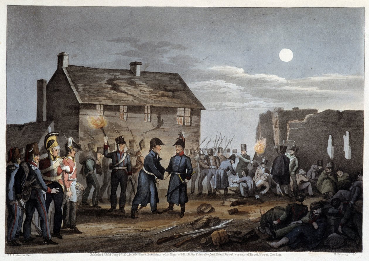 Wellington i Blucher spotkali się przypadkowo pod Waterloo - w „Anegdotach historycznych, wojskowych i morskich oraz incydentach, które dotarły do armii Bretanii i ich sojuszników, kończące się w Waterloo” Edwarda Orme, il. autorstwa Atkinsona, Londyn autorstwa Unknown artist