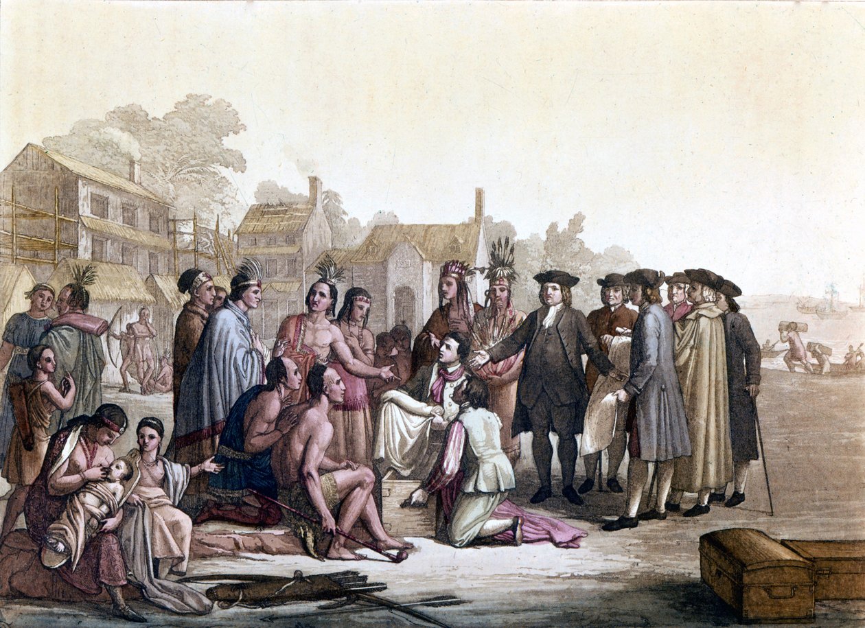 William (Guillaume) Penn (1644-1718), angielski kwakier, zajmuje się pozyskiwaniem ziemi z Indianami Ameryki – w ten sposób położył podwaliny pod Pensylwanię i miasto Filadelfia – Ilustracja w „Stary i współczesny strój” ”” autorstwa Jules autorstwa Unknown artist