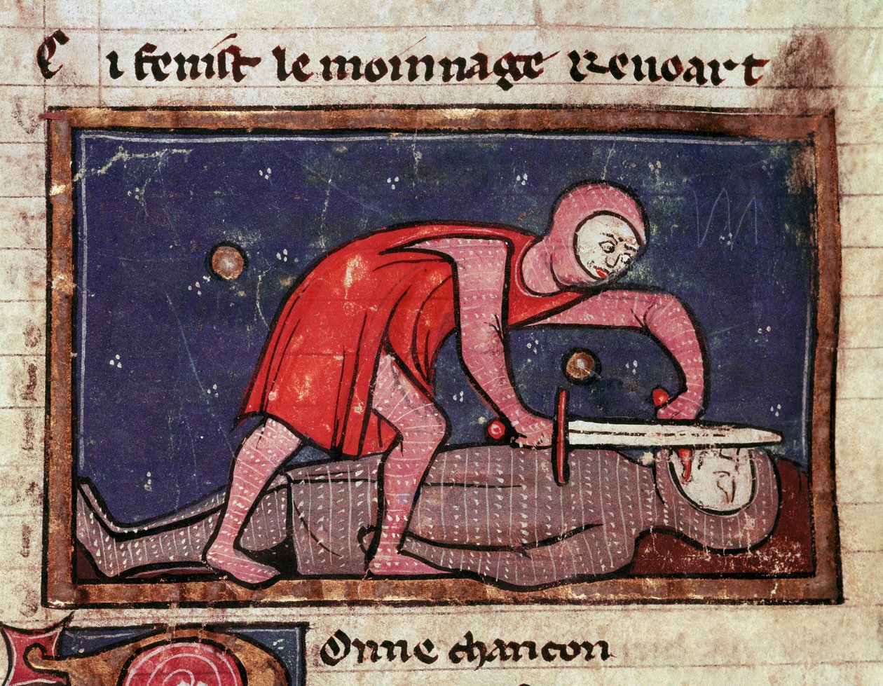 Wilhelm V z Poitiers zwany Wielkim (960-1030) odcina język swojemu wrogowi hrabiemu Bosonowi II z Marche (988-1008) w 1008. Miniatura zaczerpnięta z „Moinage of William” (ms. 1025) XIII-wieczny Mediolan, Biblioteca Trivulziana autorstwa Unknown artist