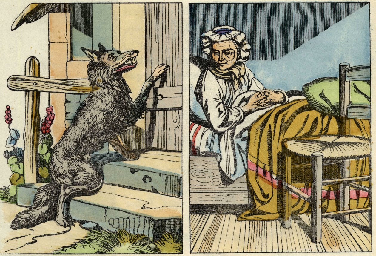 Wilk puka do drzwi babci. Ilustracja do bajki „Czerwony Kapturek” Charlesa Perrault autorstwa Unknown artist