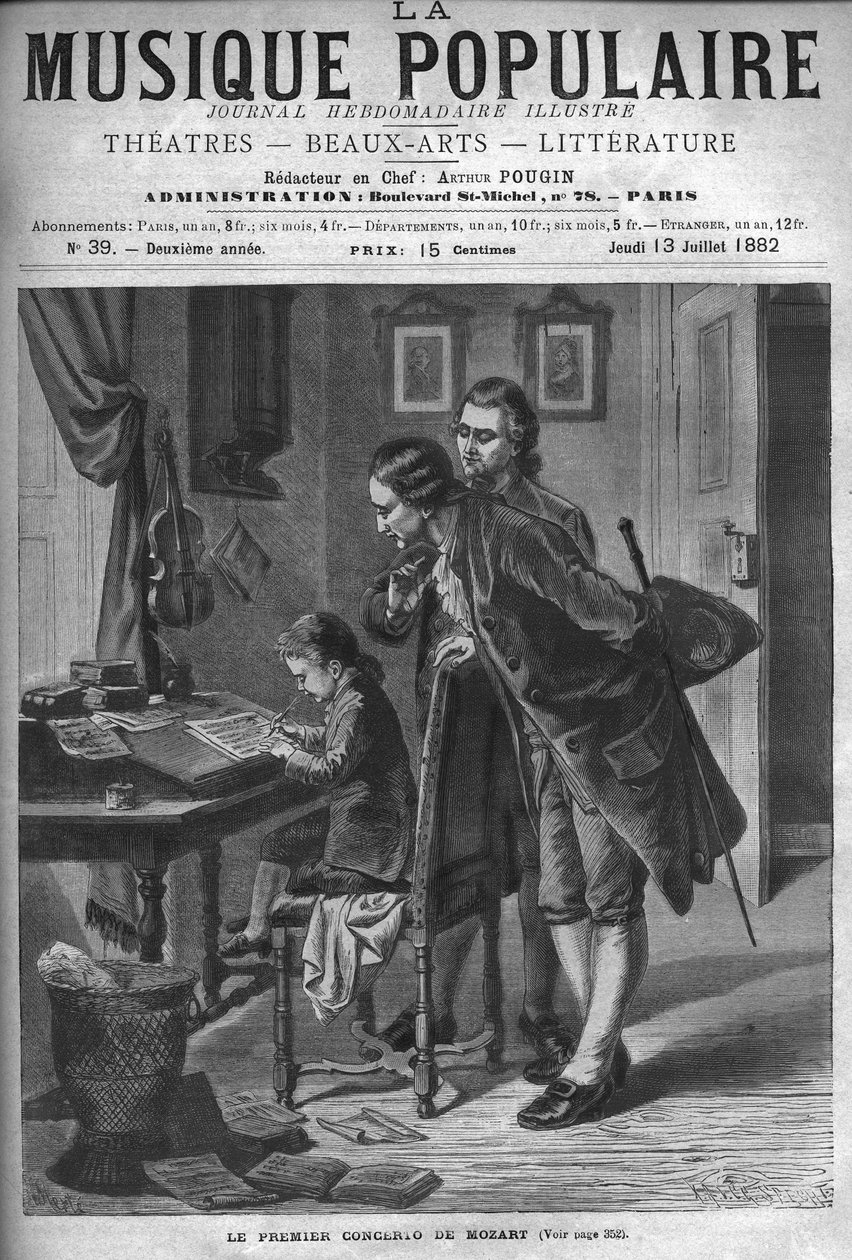 Wolfang Amadeus Mozart piszący koncert na klawesyn w obecności ojca Leopolda i Andreasa Schachtnera w 1762 r. - rycina w tygodniku ilustrowanym „Muzyka popularna” - 1882 r. autorstwa Unknown artist