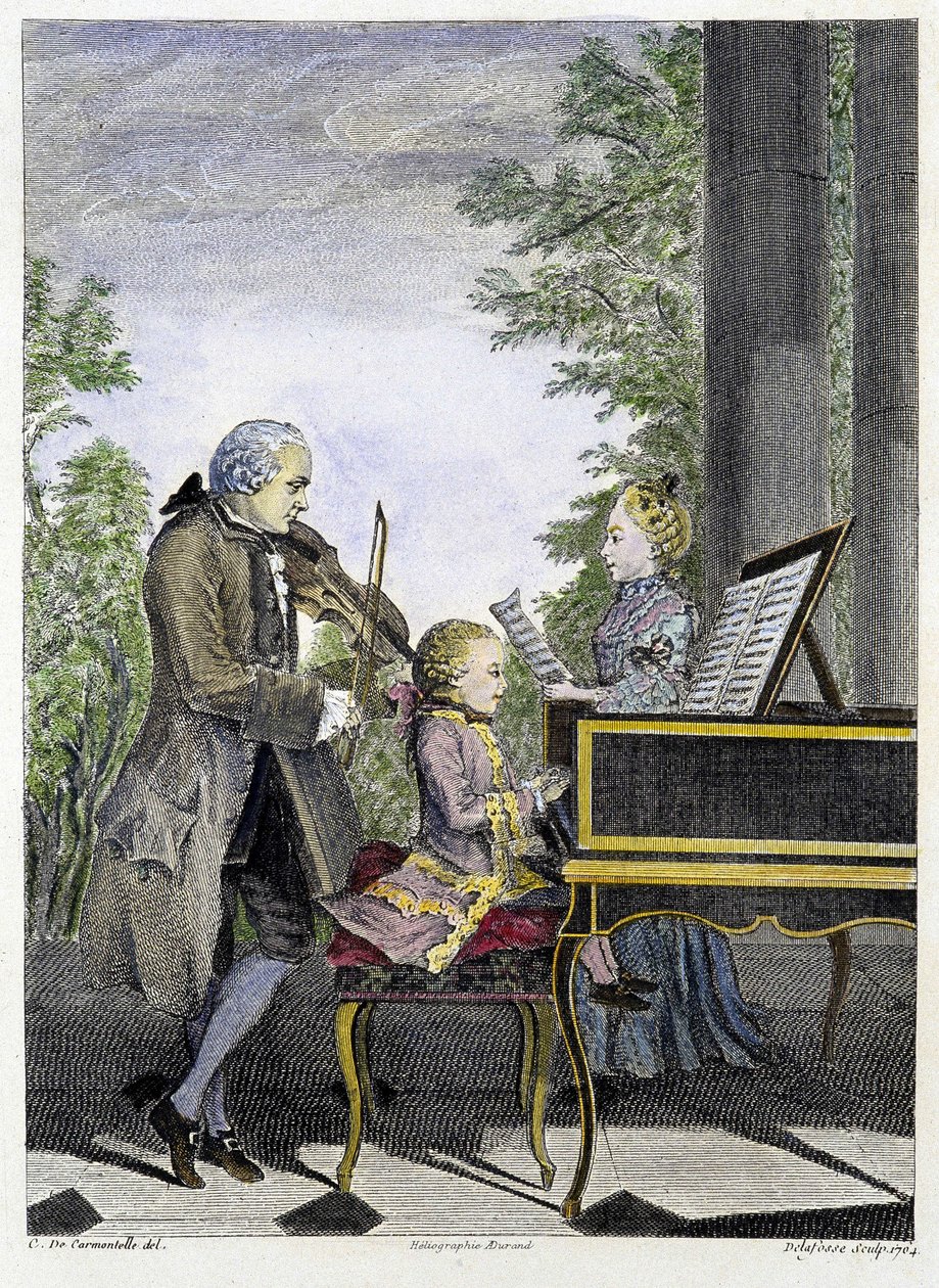 Wolfgang Amadeus Mozart dziecko na fortepianie w otoczeniu ojca Leopolda na skrzypcach i siostry Marianne na śpiewie - grawerowanie autorstwa Unknown artist